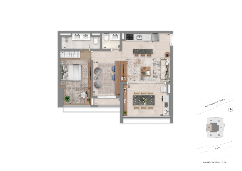 Planta Opção 70 m² l 1 Suíte Master