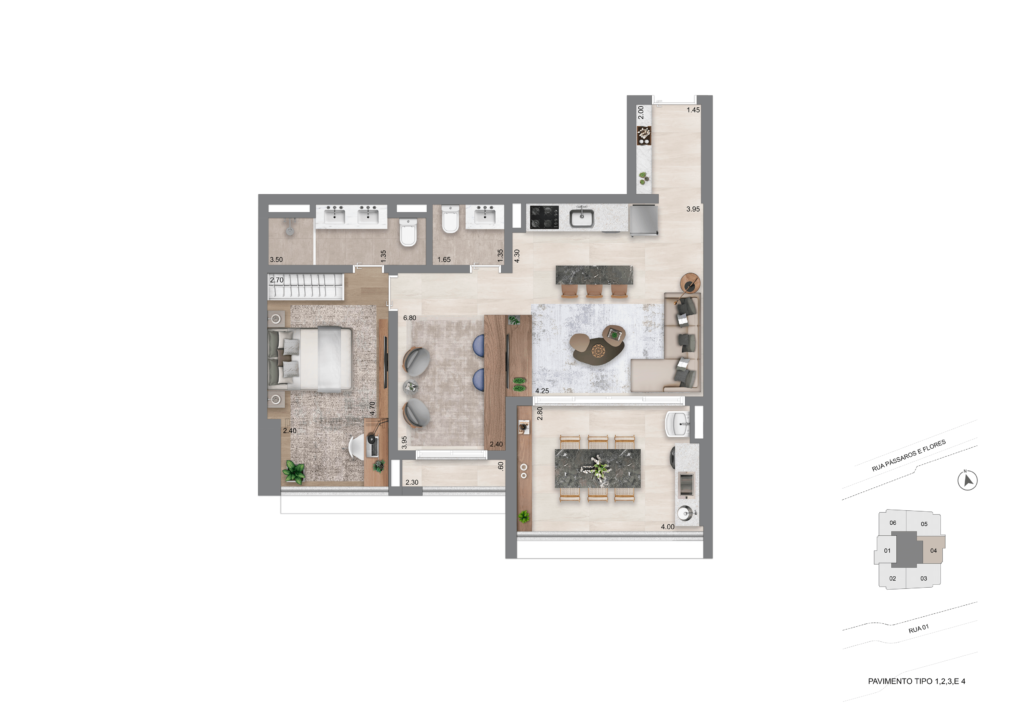 Planta Opção 74 m² l 1 Suíte Master