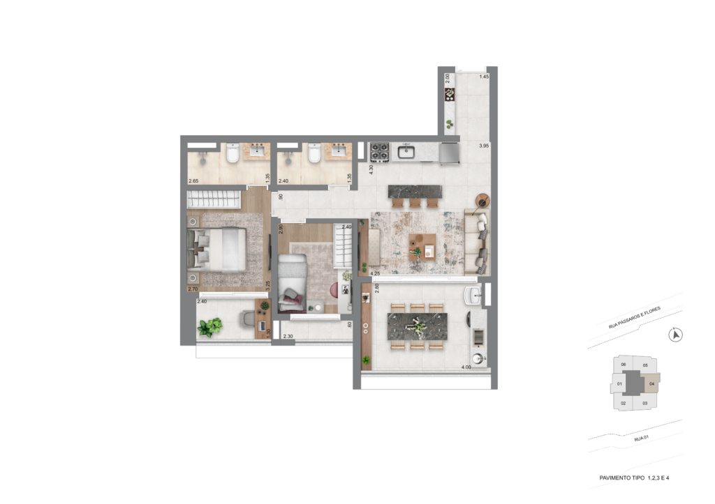 Planta Padrão 74 m² l 2 Dorms